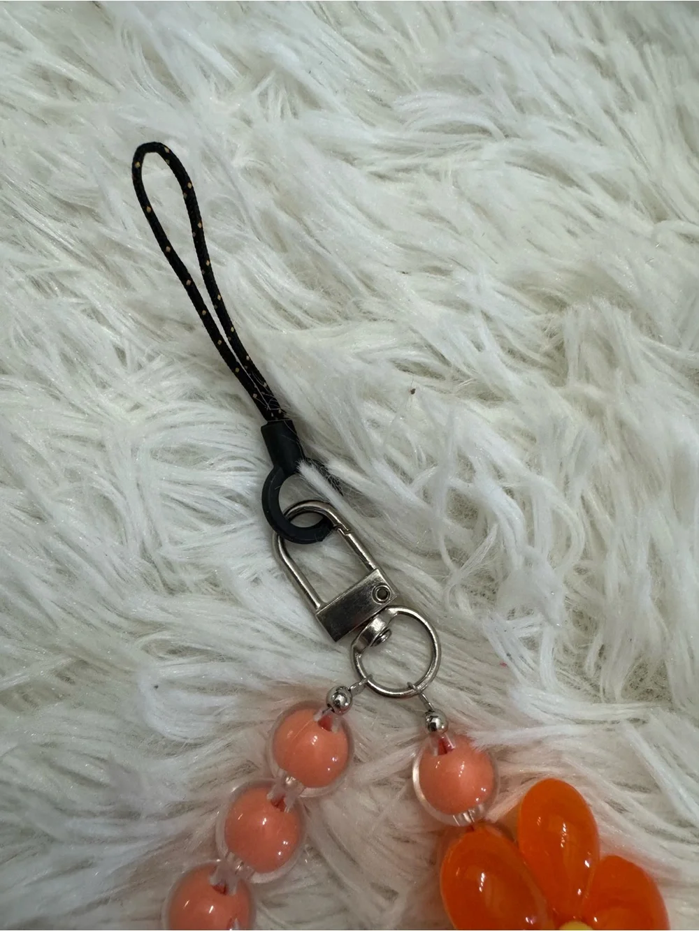 Orange Flower Beaded Phone Strap - Peach Bead Wrist Strap